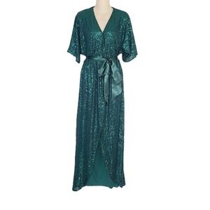 Baltic Born Sequin‎ Wrap Gown M Emerald Green Short Sleeve Satin Tie Waist Dress